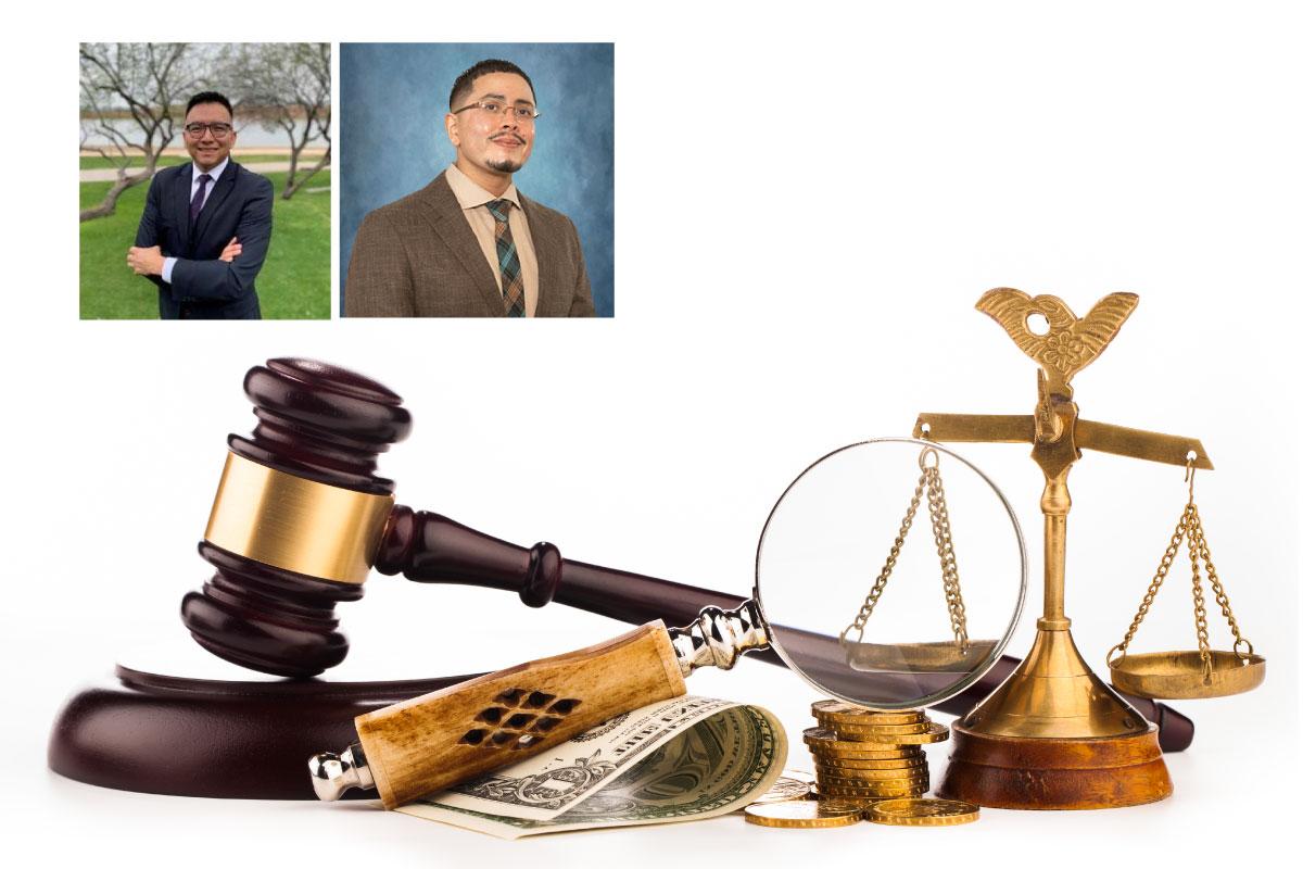 A scale with gold coins, a dollar bill folded with a gavel, T. Emiliano Aguirre and Delmar Blackhorse